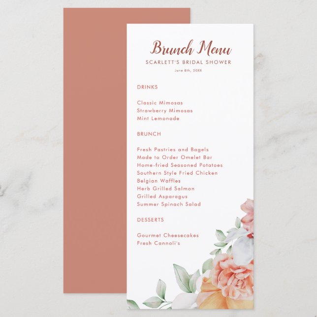 Coral Rose Floral Bridal Brunch Menu Douche (Devant / Derrière)