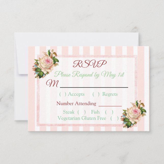 Coral Rose Floral Striped Wedding RSVP Karte (Vorderseite)