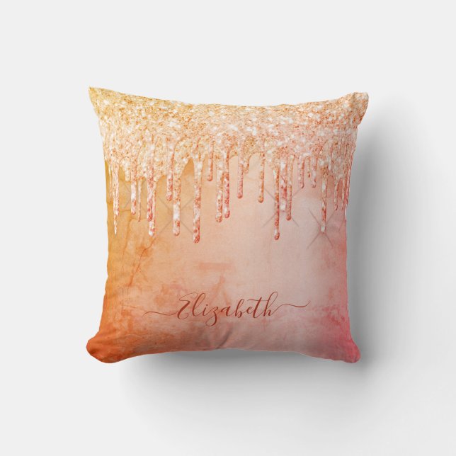 Coral Rose Gold Glitzer Tropfen rustikale Glasbeze Kissen (Vorderseite)