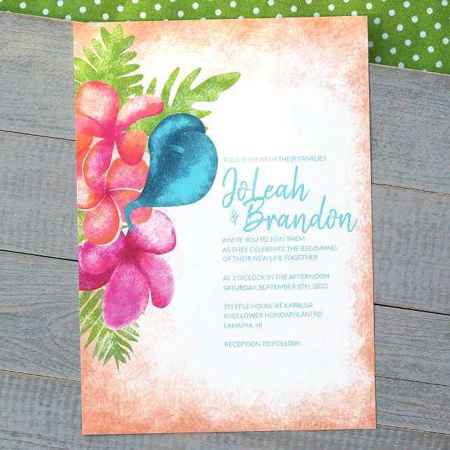 Coral rose Malibu bleu Faire-part de mariage tropi (pink coral turquoise tropical flower wedding invitations)