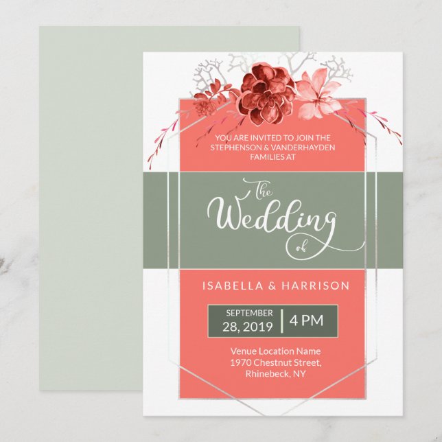 Coral Sage 2019 Moderne, geometrische Hochzeit mit Einladung (Vorne/Hinten)