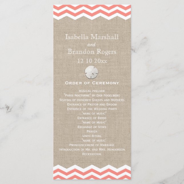 Coral Sand Dollar & Chevron Wedding Programme (Devant)