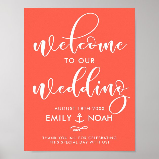 Coral Script Nautical Wedding Welcome Sign Poster (Vorne)