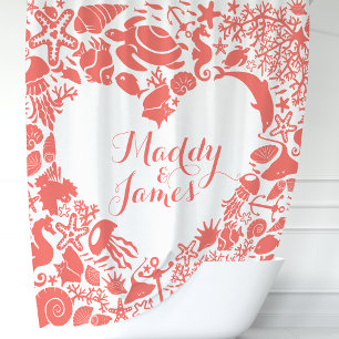 Coral Sea Creatures Heavy Couples Monogram Duschvorhang
