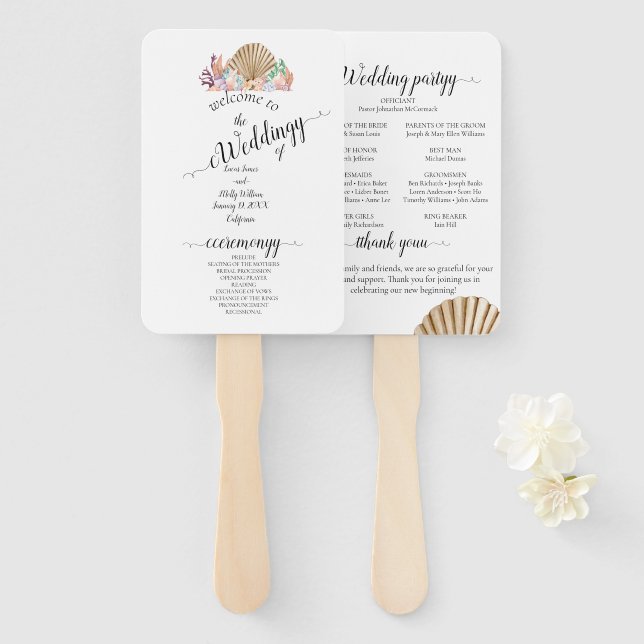 Coral & Seashell Beach Wedding Fächer (Vorne und Hinten)