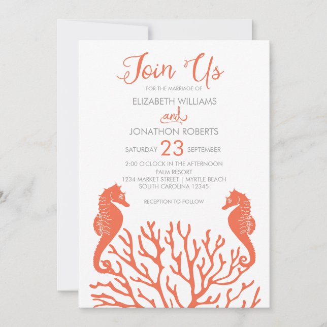 Coral Seepferd Wedding Invite Einladung (Vorderseite)