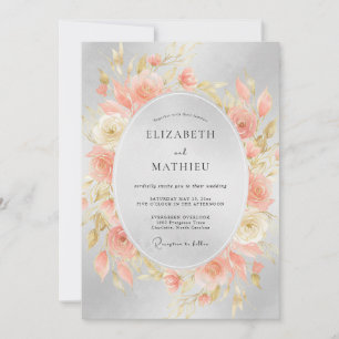 Coral Silber Pfingstrosen-Hochzeit Einladung