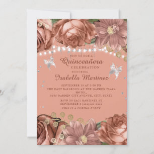 Coral Silber Schmetterlinge Quinceañera Einladung