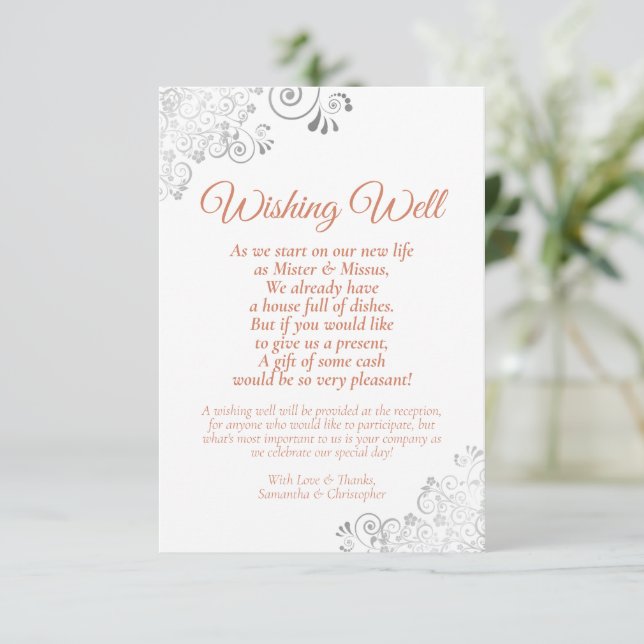 Coral & Silver auf White Wedding wünscht gutes Ged Begleitkarte (Stehend Vorderseite)