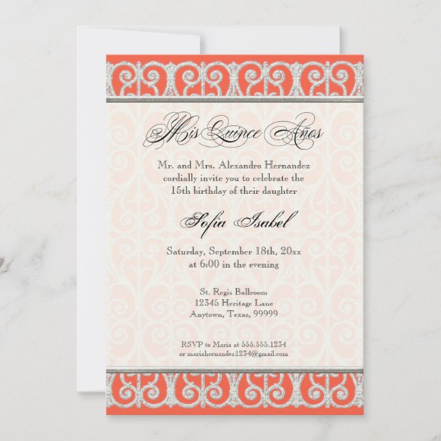 Coral & Silver, Diamonds & Lace, Mis Quince Anos Einladung (Vorderseite)