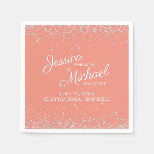 Coral Silver White Glitzer Hochzeitsempfang Serviette (Vorderseite)