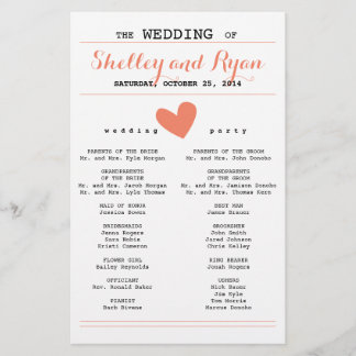 Coral Simple Heart Wedding Program