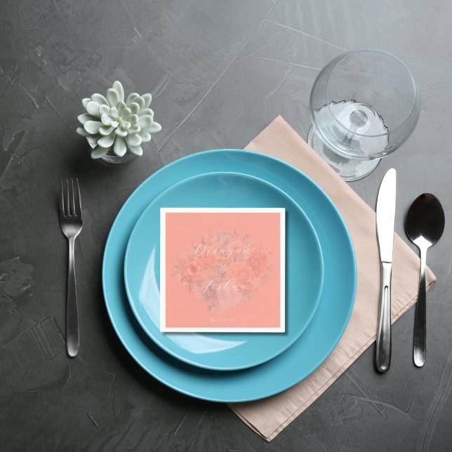 Coral Spring Floral Wedding Paper Napkins Serviette (Von Creator hochgeladen)