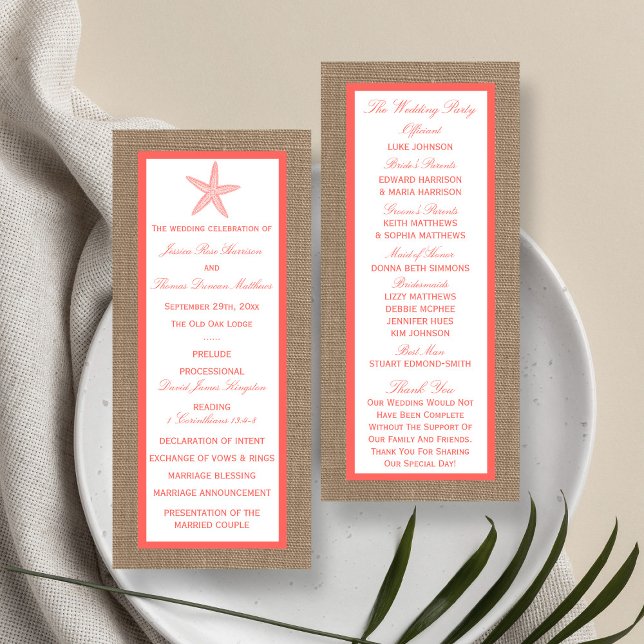 Coral Starfish Burlap Beach Wedding Programme (Créateur téléchargé)