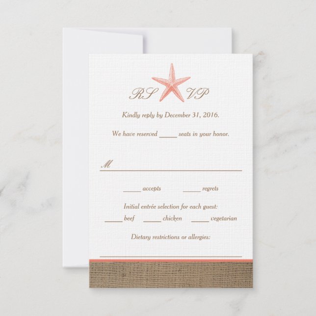 Coral Starfish Burlap Beach Wedding RSVP Cards (Vorderseite)