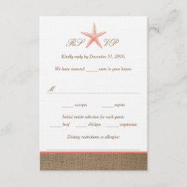 Coral Starfish Burlap Beach Wedding RSVP Cards Karte