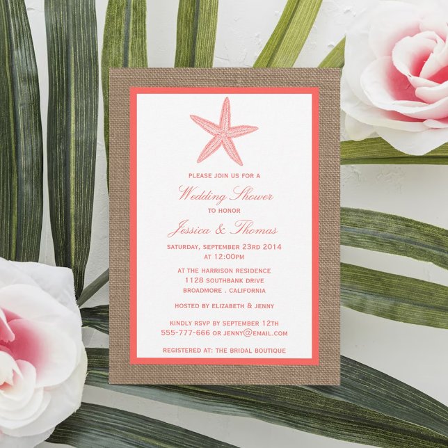 Coral Starfish on Burlap Beach Wedding Dusche Einladung (Von Creator hochgeladen)