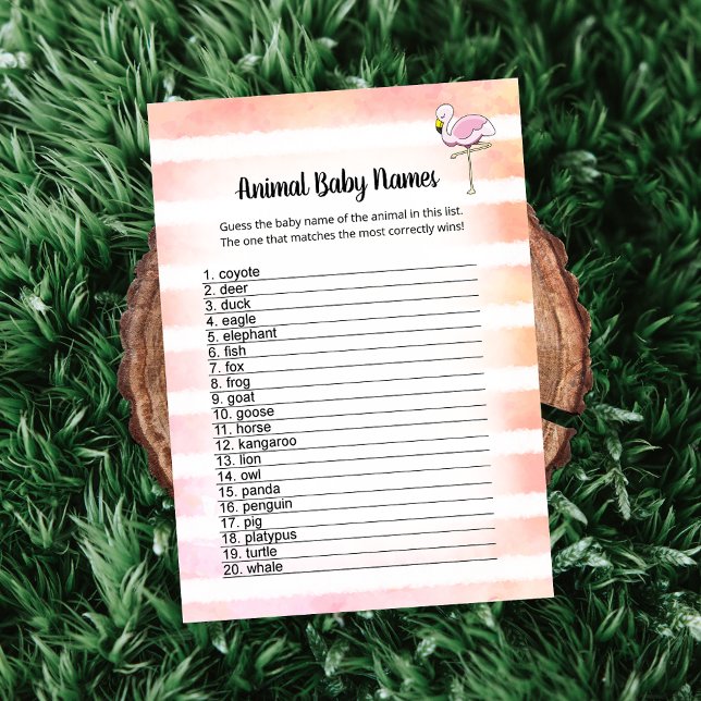 Coral Striped Flamingo Animal Baby Namkarte Einladung (Von Creator hochgeladen)