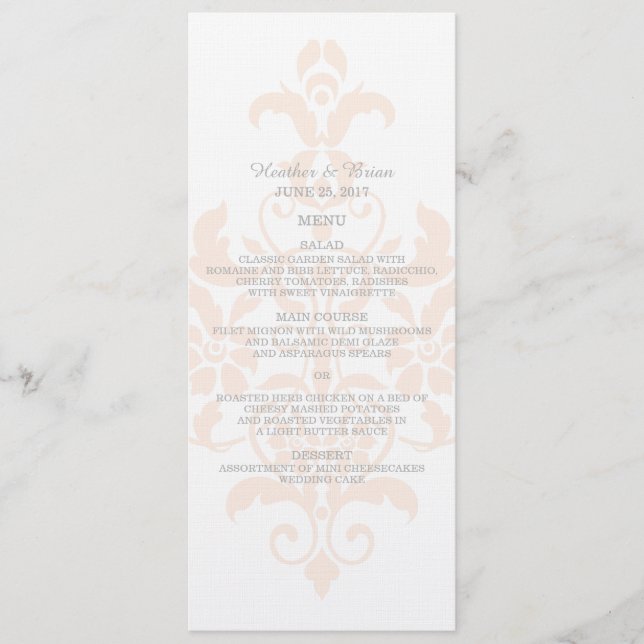 Coral Subtle Damask Wedding Menu Menükarte (Vorderseite)