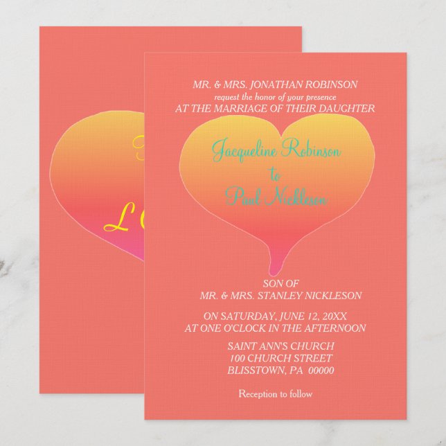 Coral Sunset Hearts Einladung (Vorne/Hinten)