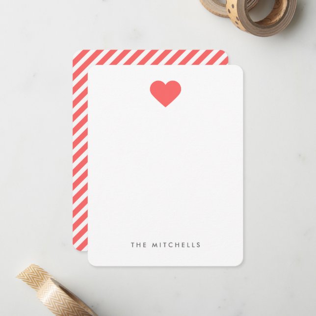 Coral Sweet Heart Monogram Stationery Mitteilungskarte (Vorderseite/Rückseite Beispiel)