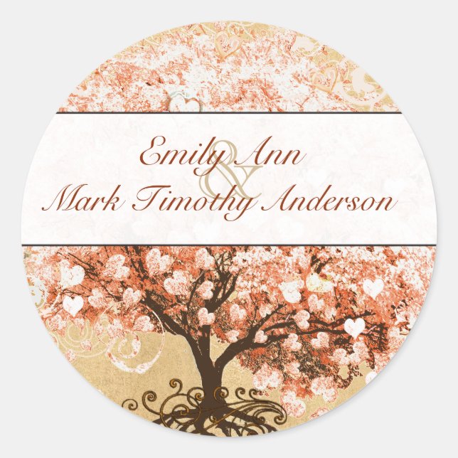 Coral Swirl Heart Leaf Tree Wedding Siegel Runder Aufkleber (Vorderseite)