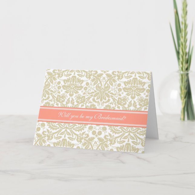 Coral Tan Damask Bridesmaid Einladung (Vorderseite)