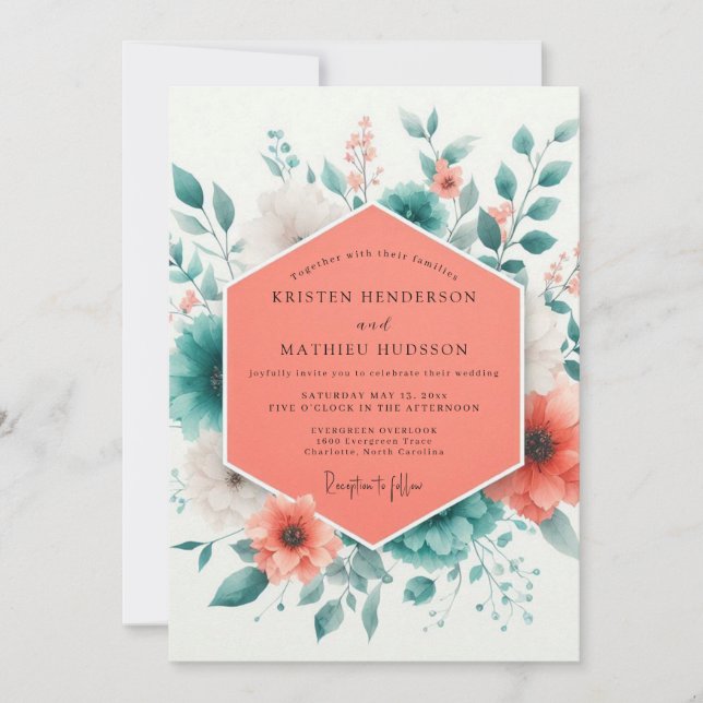 Coral Teal Spring Bloom Wedding Einladung (Vorderseite)