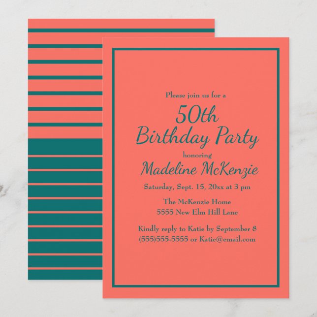 Coral Teal Striped 50th Birthday Party Invite Einladung (Vorne/Hinten)