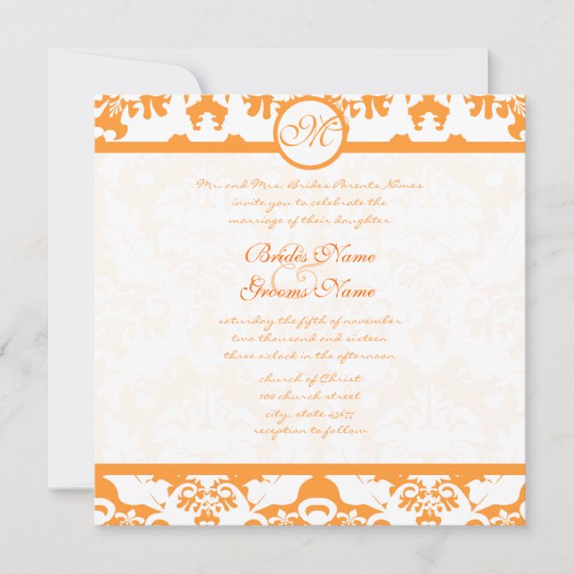 Coral Terracotta Orange Damask Wirbel Hochzeit Einladung (Vorderseite)