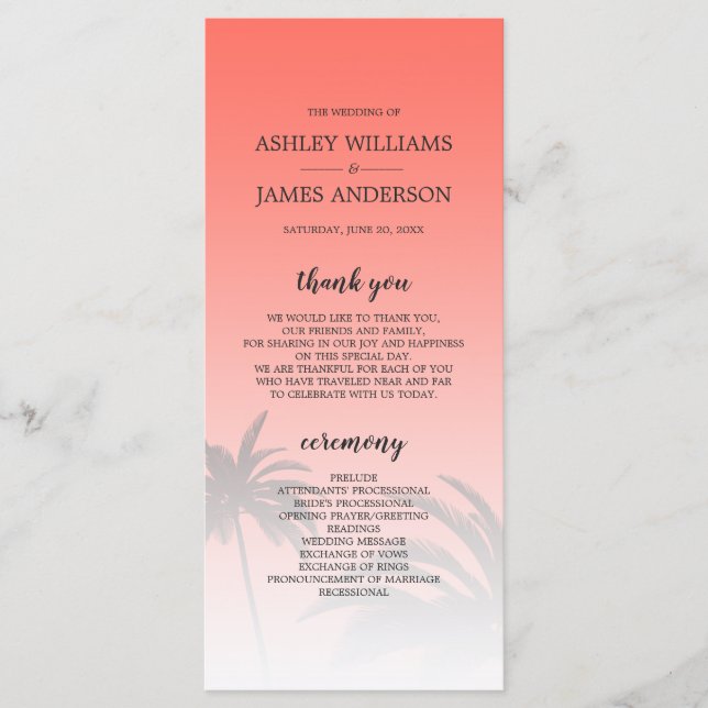 Coral Tropical Palm Tree Beach Hochzeit Programm (Vorderseite)