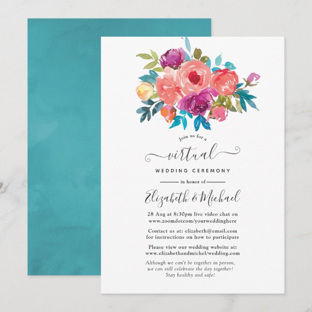 Coral, Türkis und Lila Virtual Wedding mit Blumen Einladung (Vorne/Hinten)