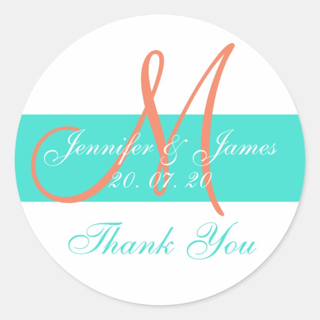 Coral Turquoise Moderne Hochzeit Danke Stickers (Vorderseite)