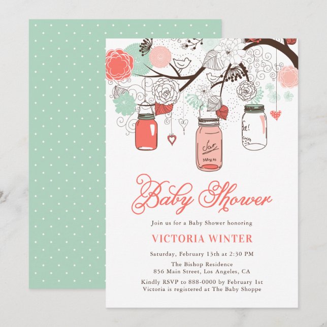 Coral und Aqua Hanging Mason Jars Baby Dusche Einladung (Vorne/Hinten)