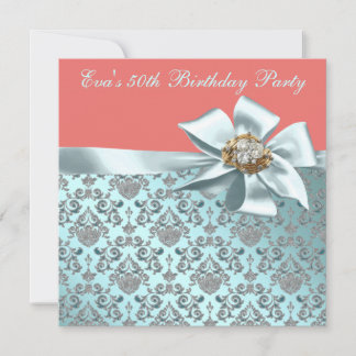 Coral und Aquamarin Blue Damask 50. Geburtstagspar Einladung