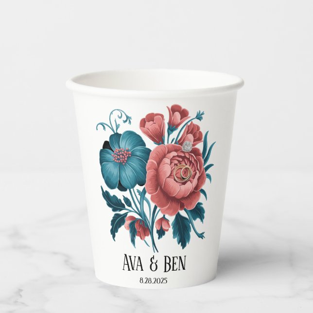 Coral und Aquamarin Peonies Gold Bouquet Wedding R Pappbecher (Vorderseite)