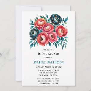 Coral und Aquamarin Peonies Gold Brautparty Einladung