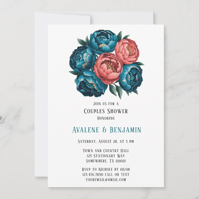 Coral und Aquamarin Peonies Gold Couples Dusche Einladung (Vorderseite)