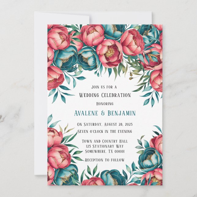Coral und Aquamarin Peonies Gold Wedding Einladung (Vorderseite)