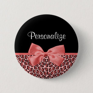 Coral und Black Jaguar Print Niedlich Bow mit Name Button