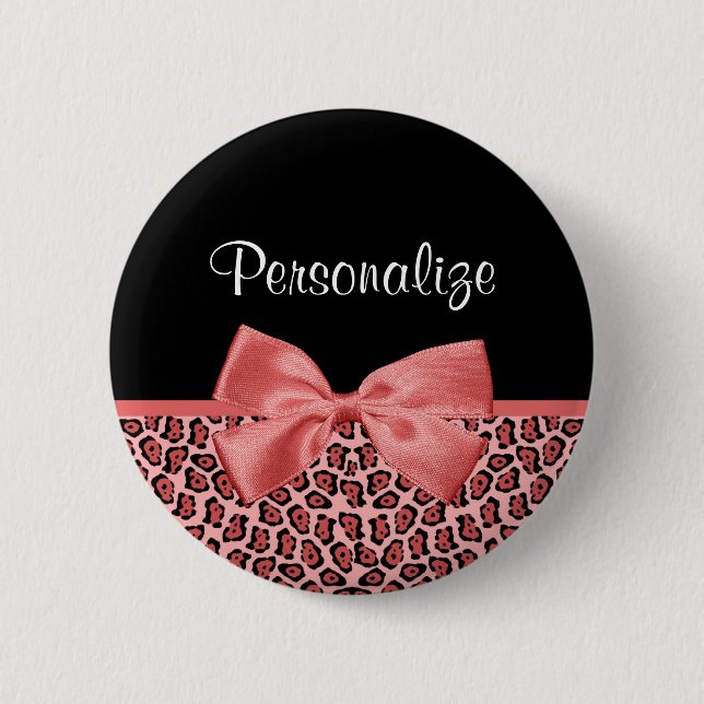 Coral und Black Jaguar Print Niedlich Bow mit Name Button (Vorderseite)