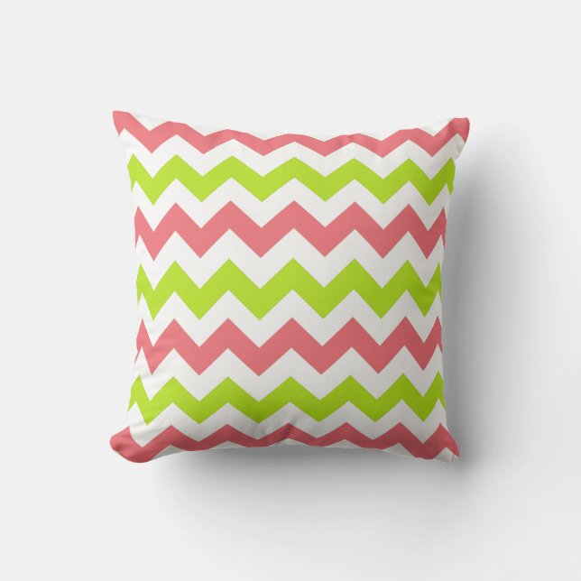 Coral und Chartreuse Zickzack Zig Zag Pillow Kissen (Vorderseite)