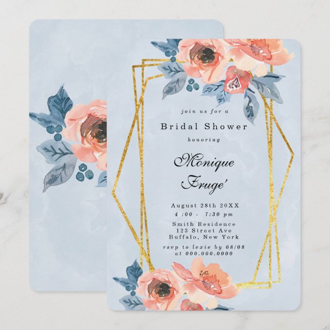 Coral und Dusty Blue Floral Brautparty Einladung (Vorne/Hinten)