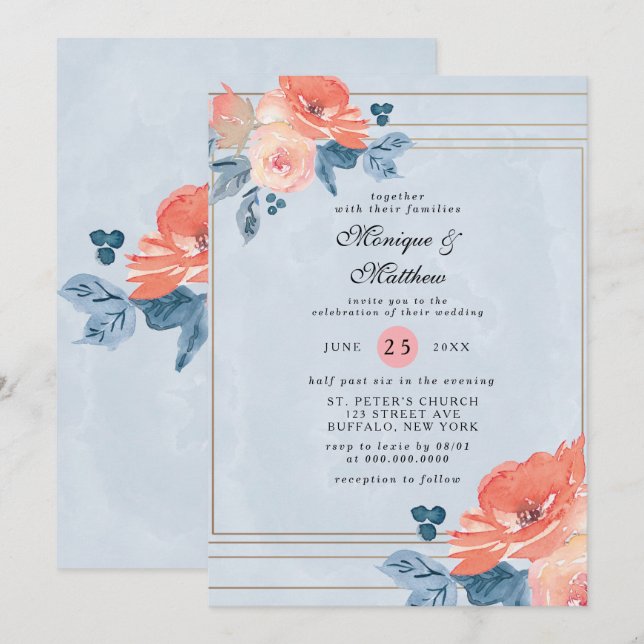 Coral und Dusty Blue Floral Geometric Wedding Einladung (Vorne/Hinten)