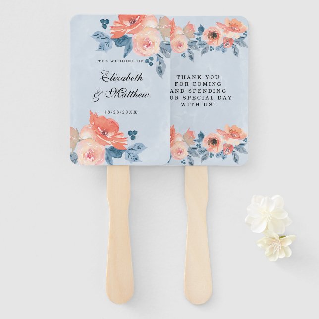 Coral und Dusty Blue Floral Wedding Hand Fan Fächer (Vorne und Hinten)