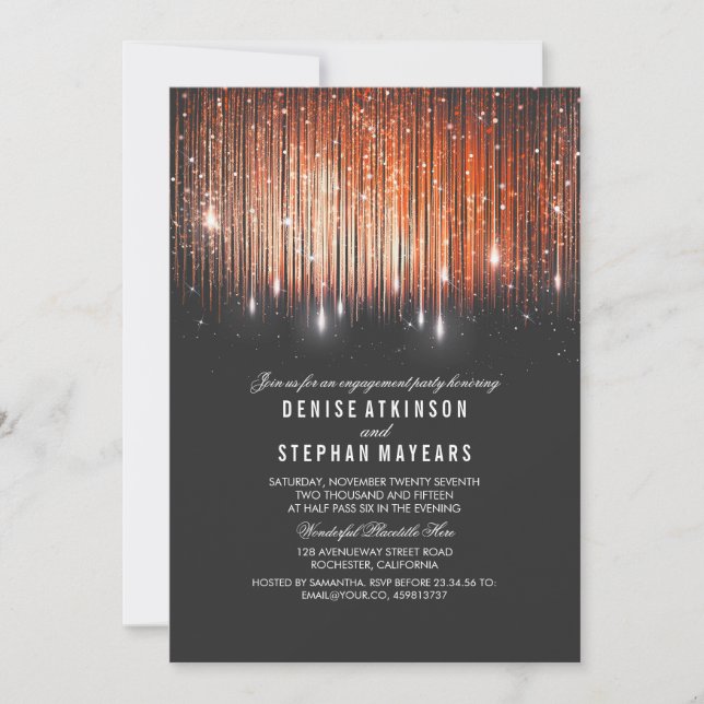 Coral und Gold Engagement Party String Lights Einladung (Vorderseite)