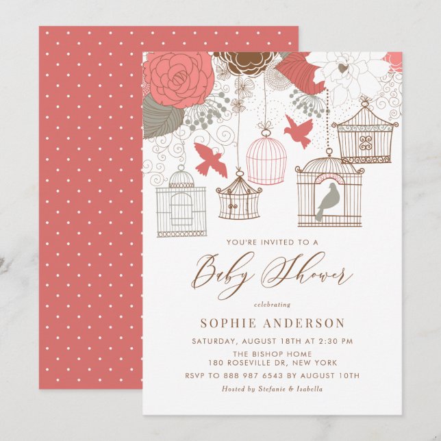 Coral und Gray Birdcages Baby Shower Einladung (Vorne/Hinten)