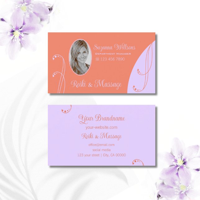 Coral und Lavender Verziert mit Portrait Foto Visitenkarte (Von Creator hochgeladen)