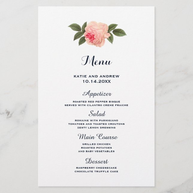 Coral und Navy Blue Wedding Menu (Vorderseite)