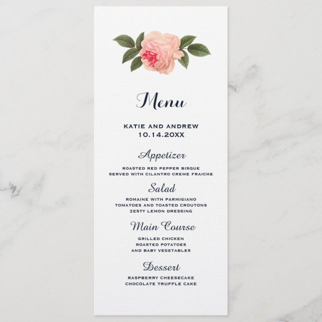 Coral und Navy Blue Wedding Menu Menükarte (Vorderseite)